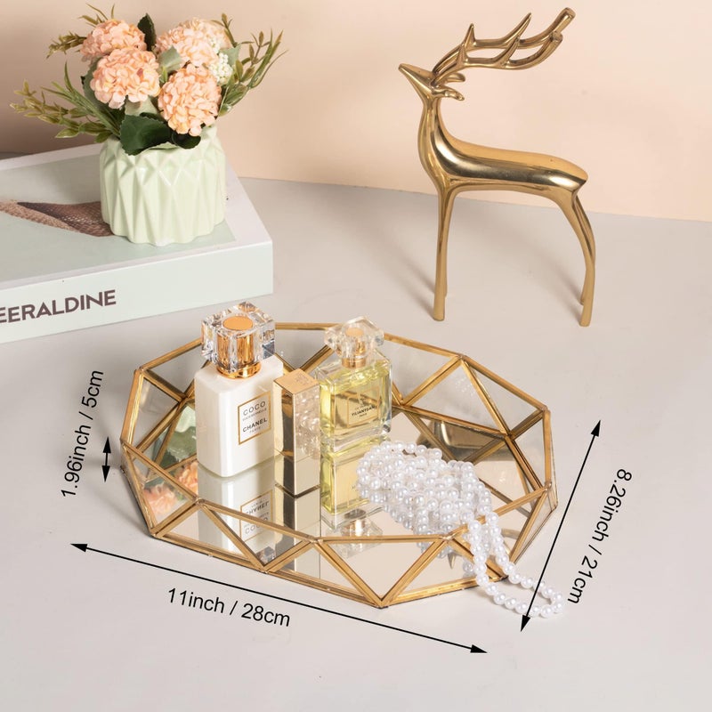 Feyarl Gold Glass Perfume Tray Mirror Vanity Jewelry Trinket Organizer Tray Ornate Cosmetic Makeup Display Geometric Shape Decorative Tray for Bathroom Home Decor Dresser Tabletop Countertop (11inch) - Image 2